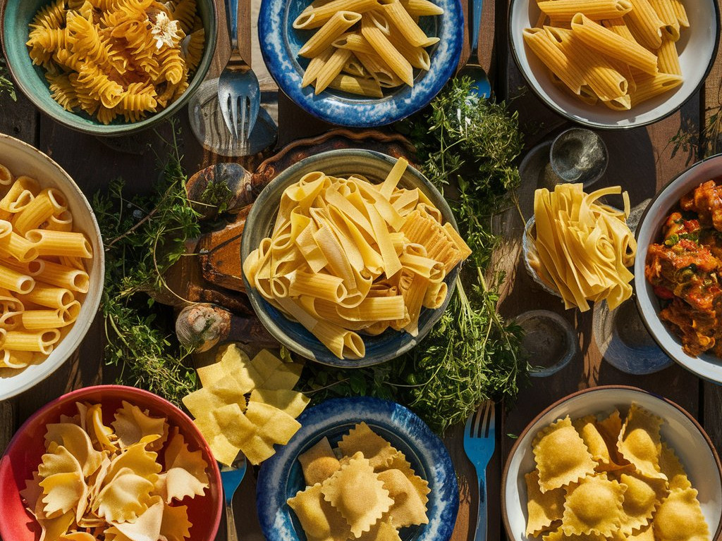 Eine Gruppe von Schüsseln mit Pasta.