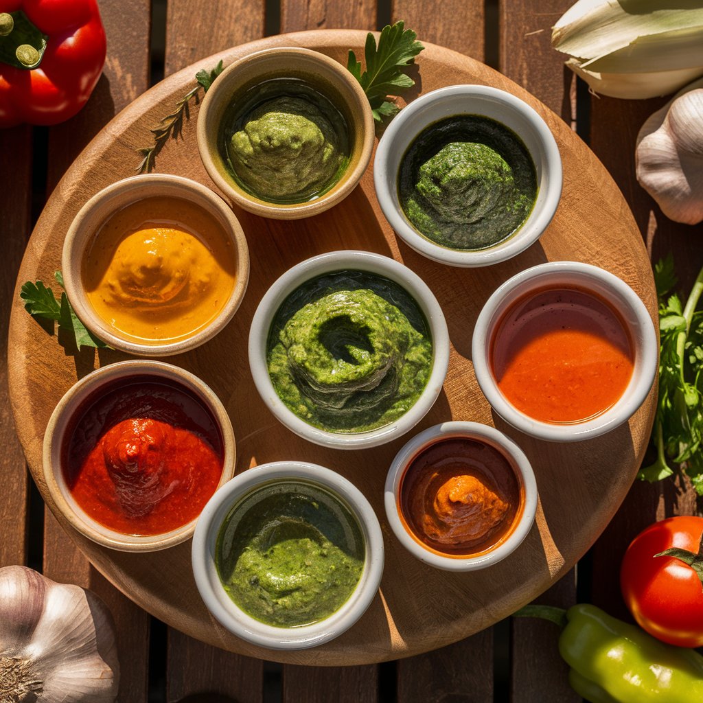 Verschiedene mediterrane Saucen und Pestos.